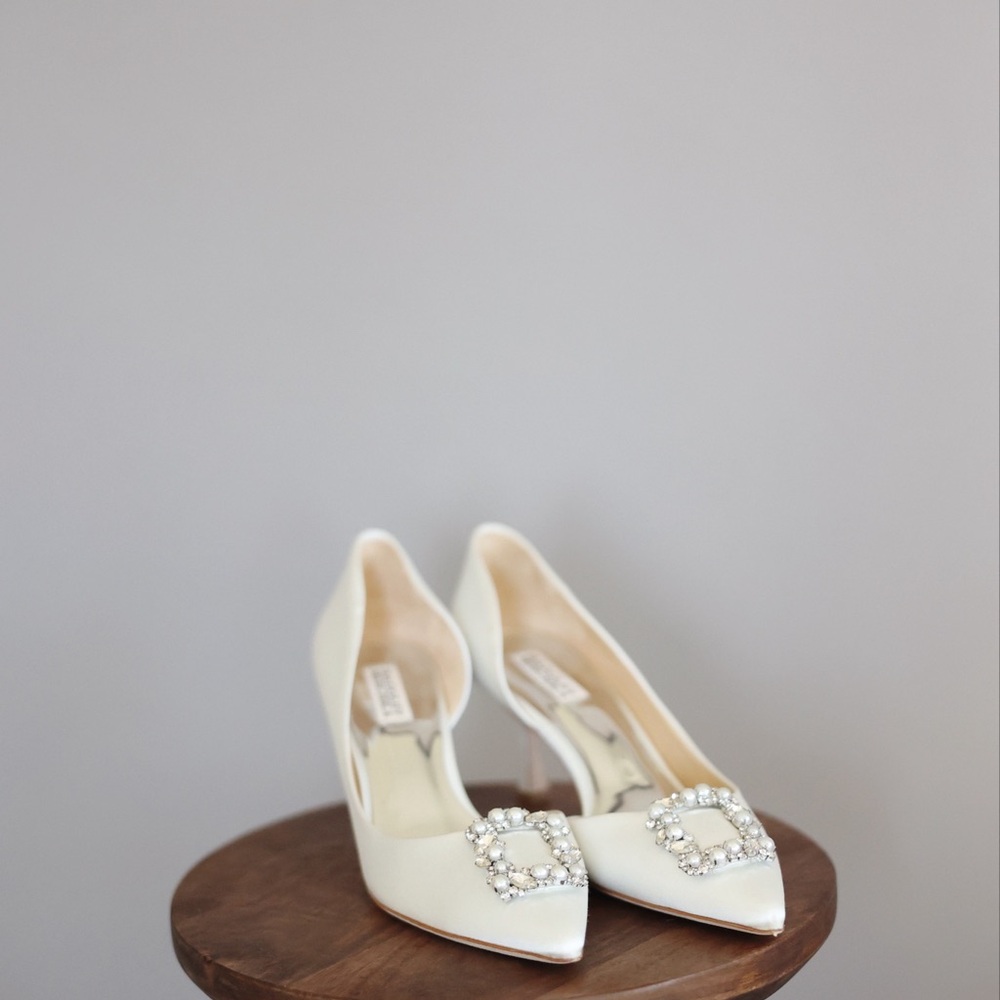 Badgley Mischka white heels w/ gem detail